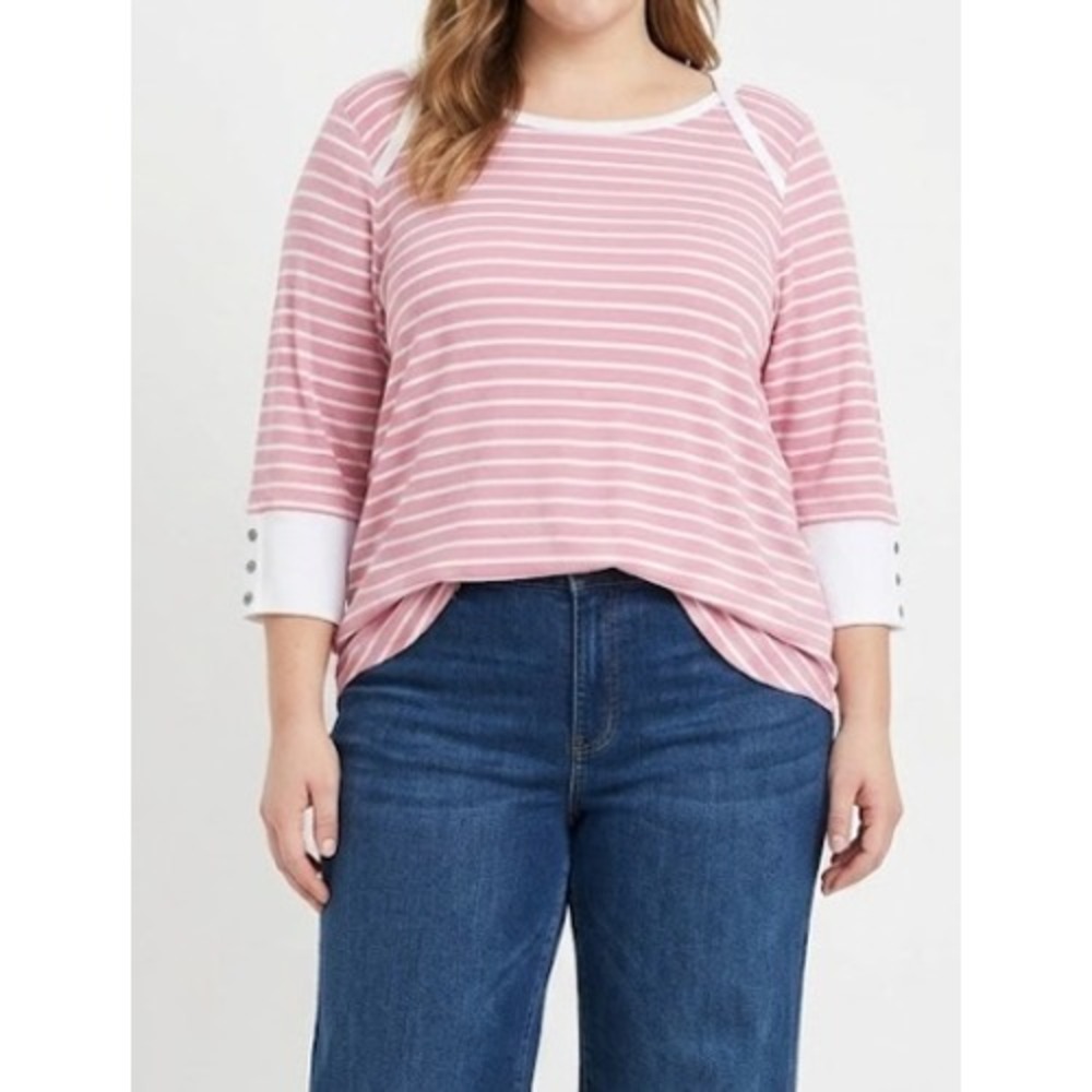 Jane + Delancey Top 2X Pink Striped Stretch Button Cuff Casual Tunic